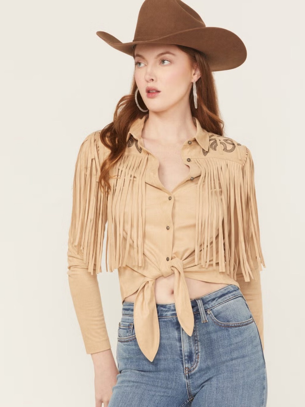 IDYLLWIND MIRANDA LAMBERT MCKINNEY FAUX SUEDE LONG SLEEVE FRINGE TOP FRONT TIE